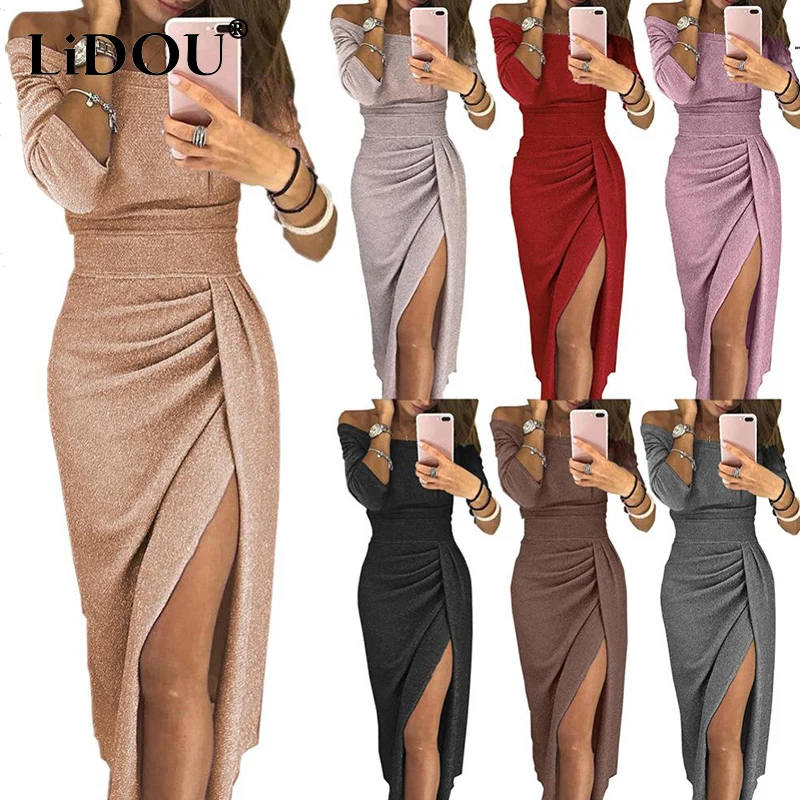 

Autumn Winter Solid Sexy Off Shoulder Lady Evening Party Dresses High Waist Long Dress Elegant Aesthetic Club Vestidos De Fiesta