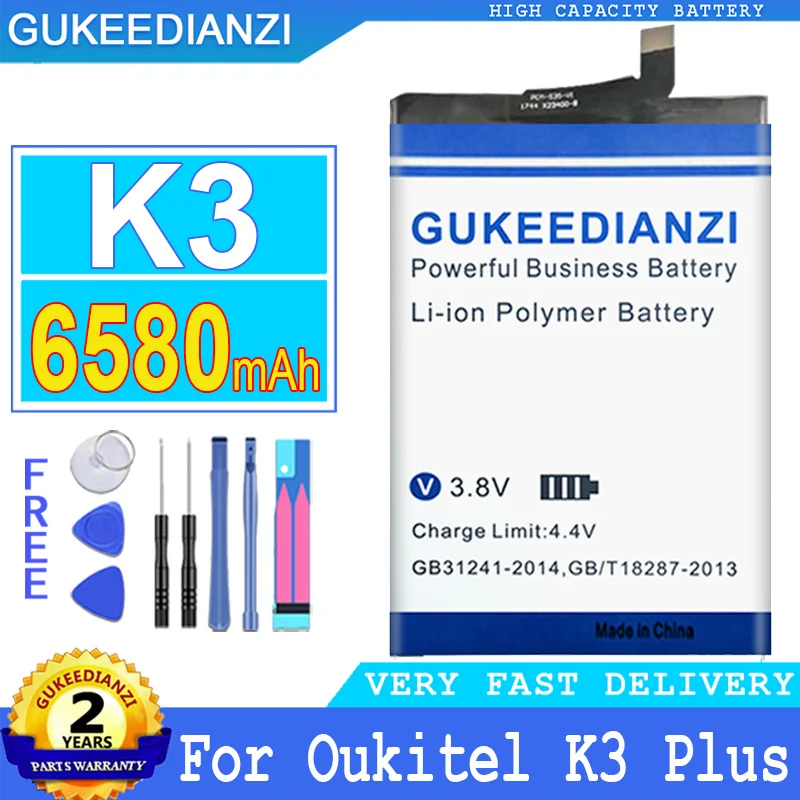 

6580mAh Originnal GUKEEDIANZI High quality Top Battery K3 For Oukitel K3 OukitelK3 K3 Plus Big Power Bateria free tools