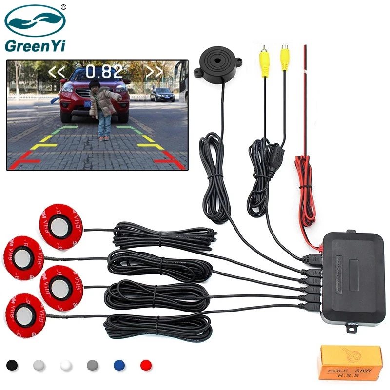 

Car Video Parking Sensor Reverse Backup Radar Detector Assistance with 16mm Adjustable Flat Sensors Support Video Input