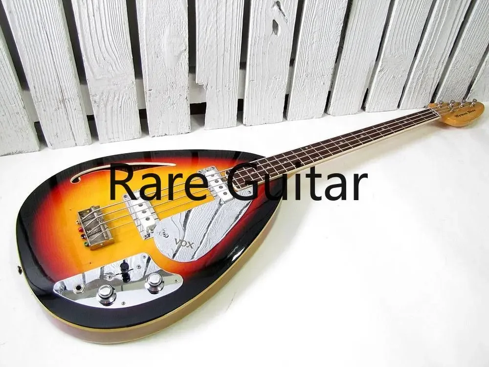 

4 Strings Cherry Sunburst Vox Phantom Hollow Body Electric Bass Guitar Single F Hole, Aluminum Pickguard, White Pickups,