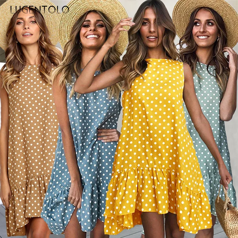 

Платье Lugentolo женское с принтом, тонкий шифоновый Свободный пуловер средней длины в горошек, с оборками и круглым вырезом, без рукавов, на лето