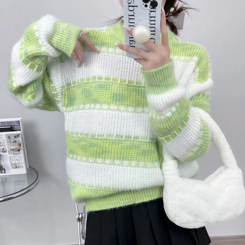 

Женский трикотажный пуловер с круглым вырезом, свободный свитер с цветными вставками, в Корейском стиле, Осень-зима 2023