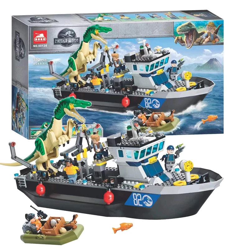 Игрушка "Транспортный корабль для побега динозавров Тираннозавра и Барионикса из мира Юрского периода из строительных блоков" для детей в подарок, модель 76942.