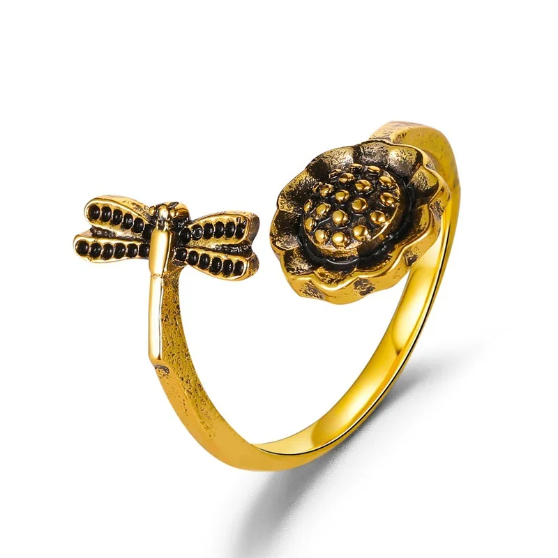 

European And American Ins Dragonfly To Sunflower Ring Women Retro Old -Fashioned Flowers And Insects Open Index Finger Ring