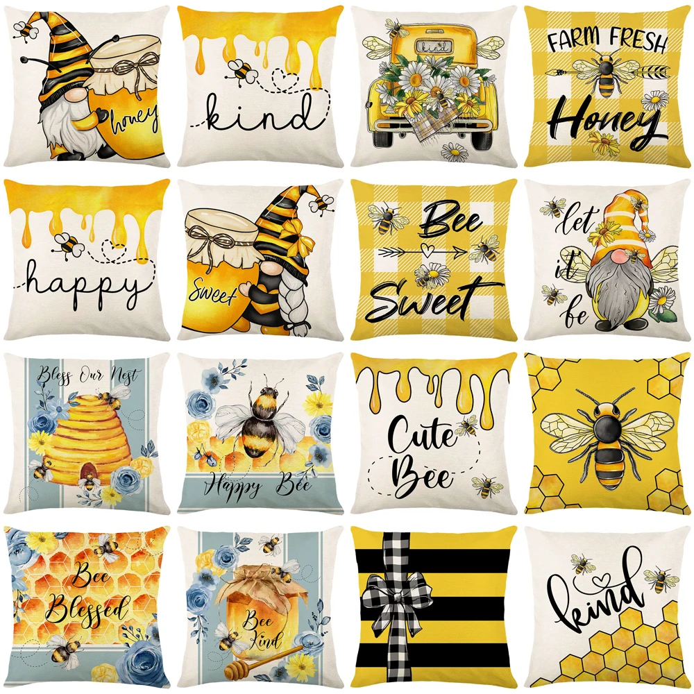 

Summer Pillow Covers Bee Happy Bee Kind Throw Pillowcase 45x45 cm Honey and Bee Living Room Cushion Cover Decorative for Sofa