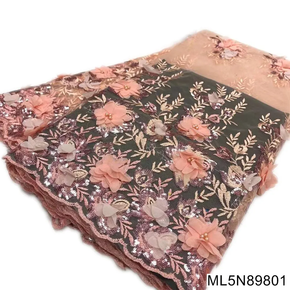 

3d flowers embroidered african lace fabric 2021 high quality french net lace fabric 5 yards for nigerian wedding ML5N898
