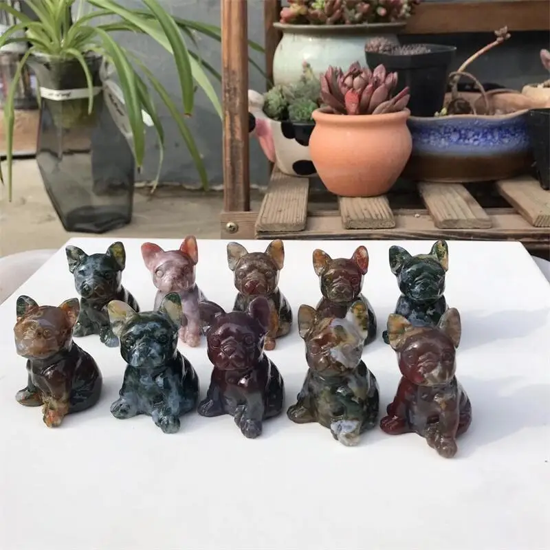 

6cm Natural Quartz Carving Dog Statue Moss Agate Mineral Reiki Stones Healing Crystal Gem Home Decoration Gift 1pcs