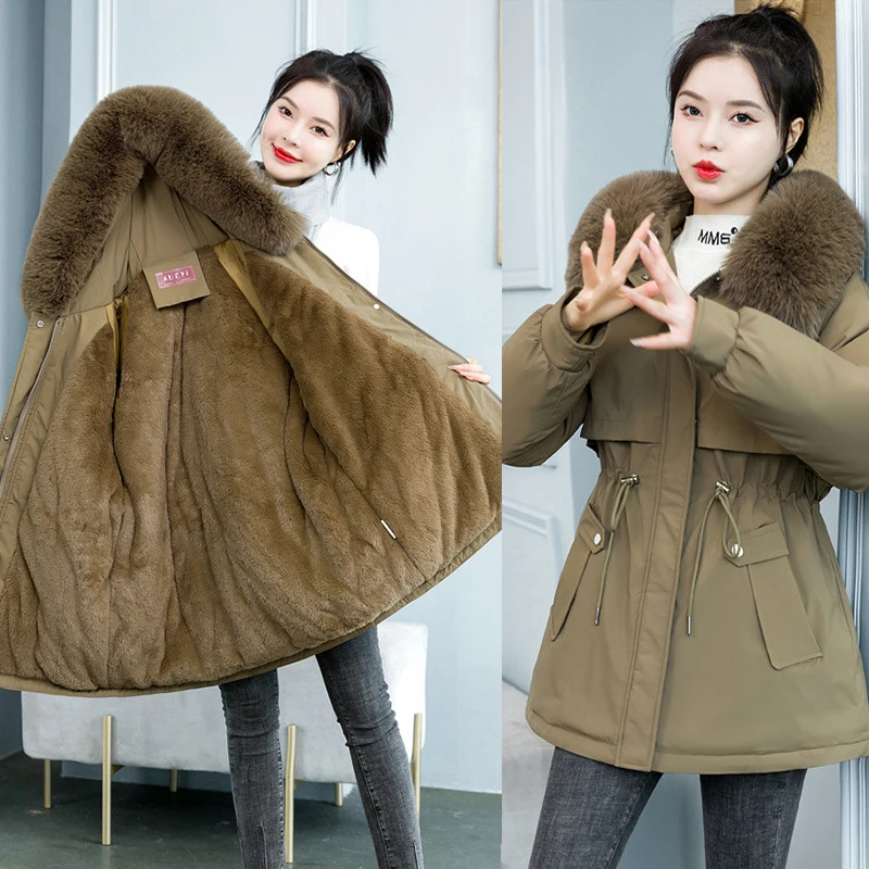 Women's Winter Mid-length Parker Quilted Coat Fur Collar Hooded Thickened Loose Warm Cotton Clothes Fashion Street Clothes