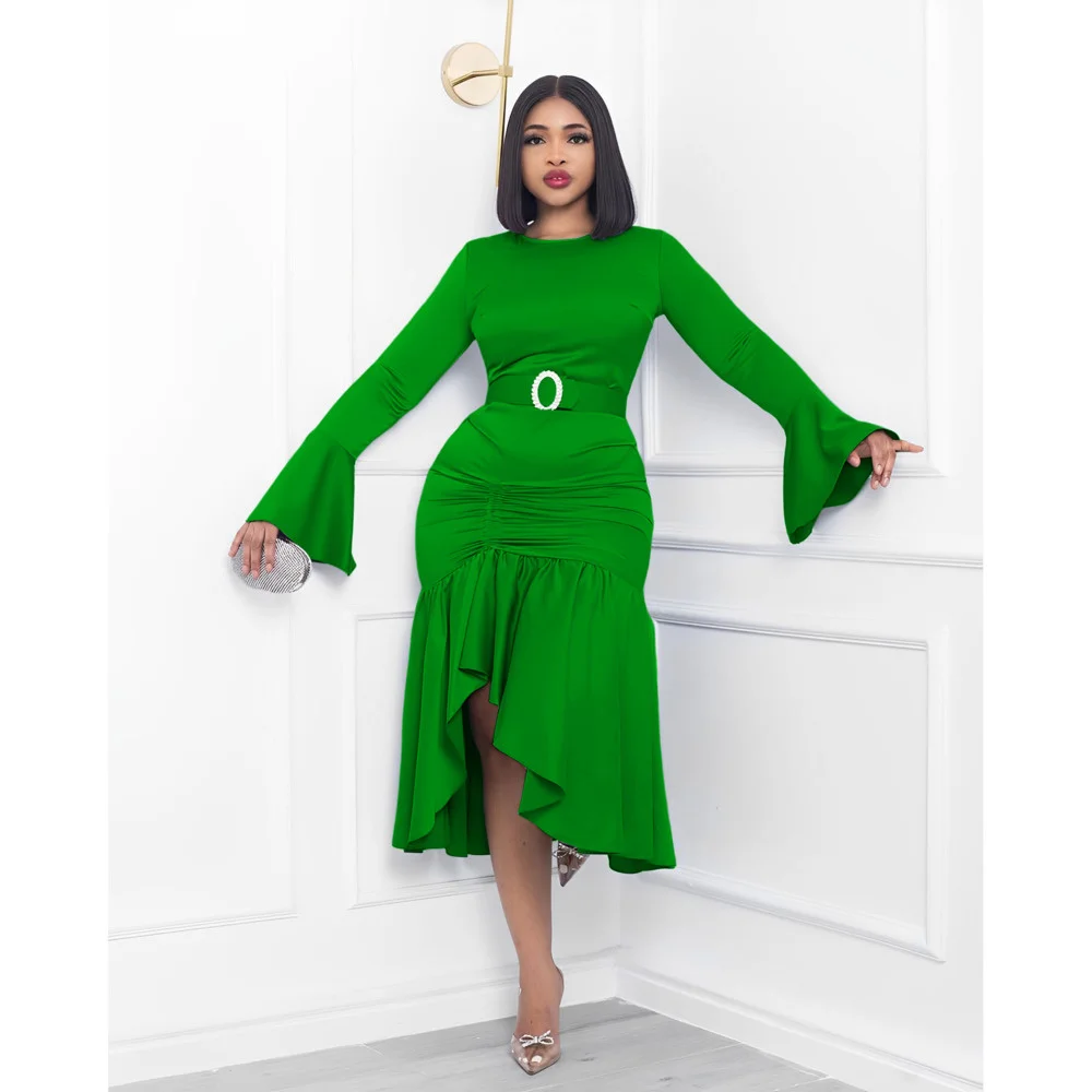 

Women Mermaid Ruffle Dress With Belt Autumn New Elegant Irregular Falbala Flare Long Sleeve Trumpet Winter Midi Dresses Office