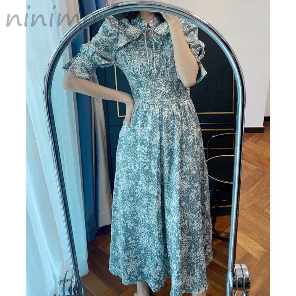 

NINIMON Flower Printed Elegant Dress Stand Collar Lace Up Puff Sleeve Slim Waist Big Swing Dresses A-line Temperament Summer