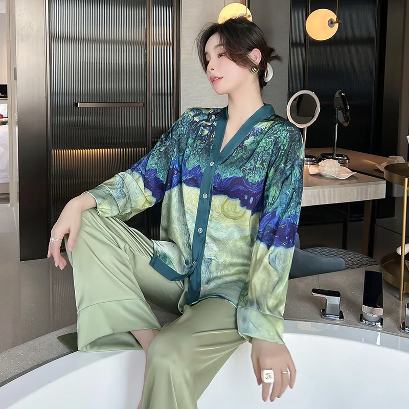 

Luxury NEW Women's Pajamas Set Painting Print Sleepwear Satin Silky Touch Homewear V Neck Pyjamas Nightie Casual Home Suit