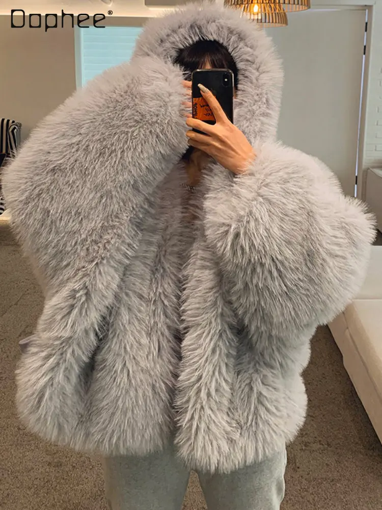 Artificial Fur Coat for Women Short Design Warm Jacket Winter New Hooded Loose and Lazy Style Solid Color Faux Fur Coat Ladies