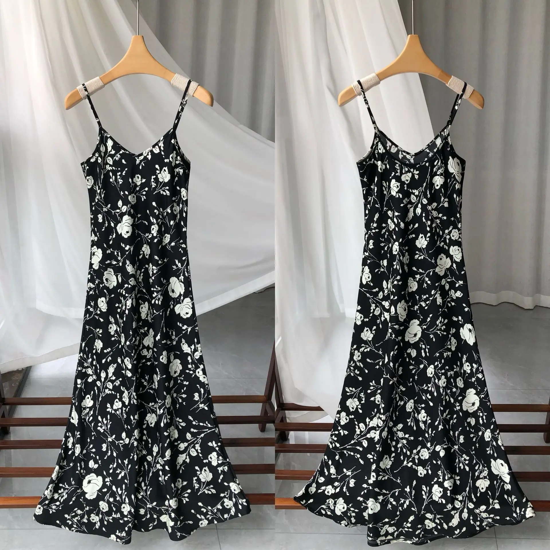 

Rose Print Sling Dress for Women Black Silk Sleeveless Vintage Summer 2023 Off-shoulder Female Elegant Midi Robes