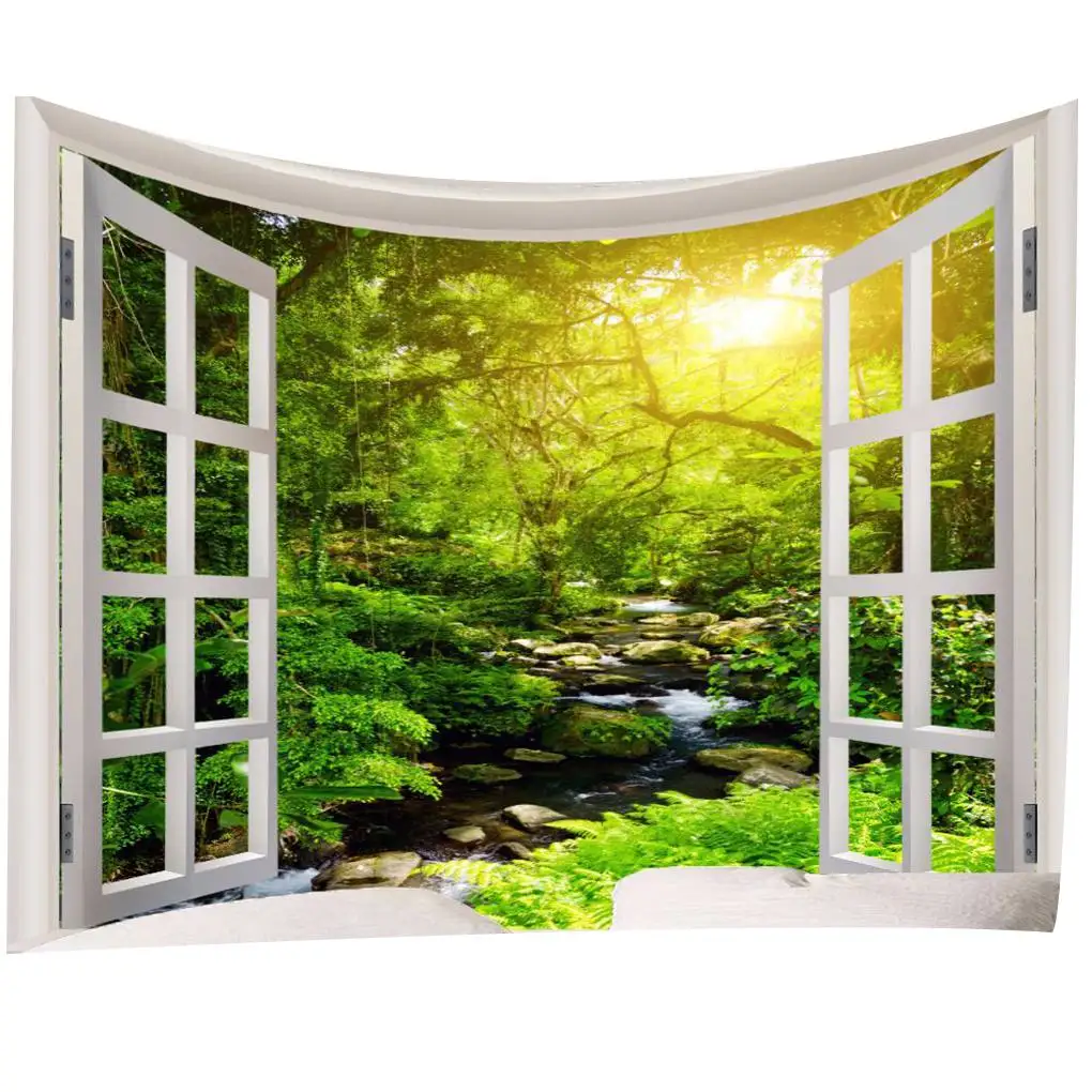 

Wall Hanging Blanket Spring Scene Colorful Sunlight Tapestry with White Wood Window for Study Room