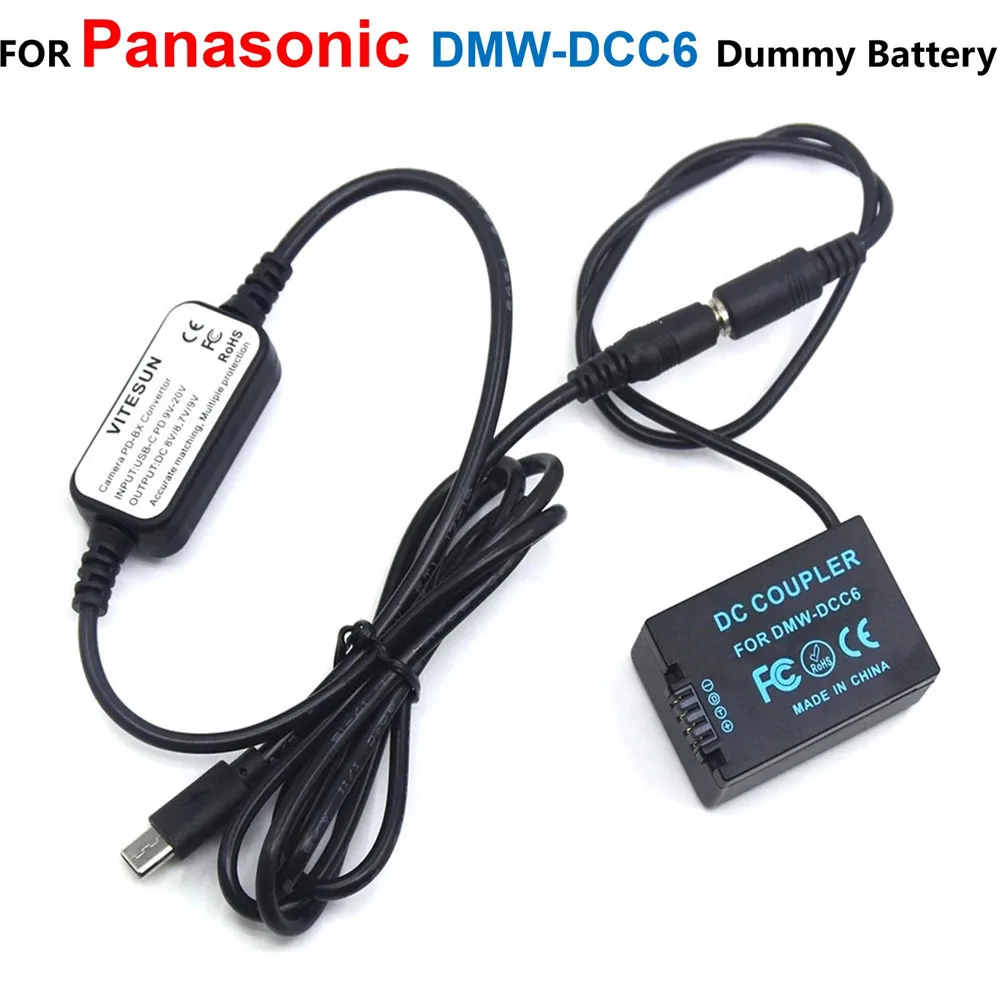 DMW-DCC6 DMW-BMB9 Fake Battery+USB Type C USB-PD Converter To DC Cable For Lumix DMC-FZ45 FZ47 FZ48 FZ60 FZ70 FZ72 FZ100 FZ150
