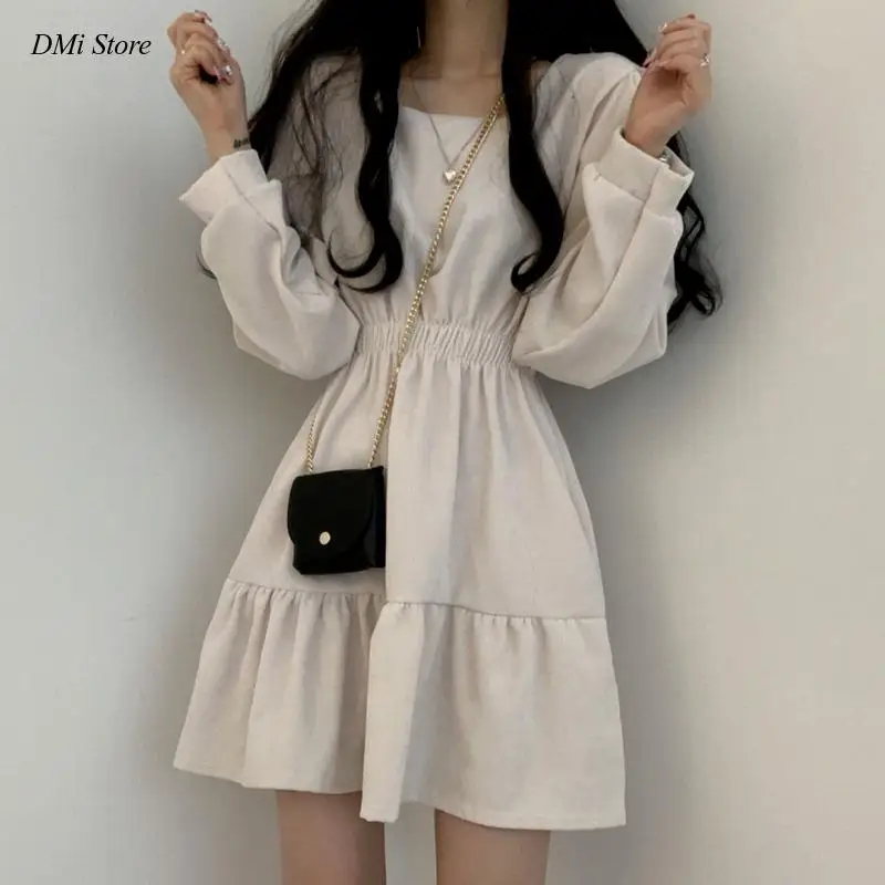 

DIMI Long Sleeve Short Dresses Solid 3 Colors Preppy Style Clothes Vintage Mini Dress Women Sweet Retro Wrap Square Collar