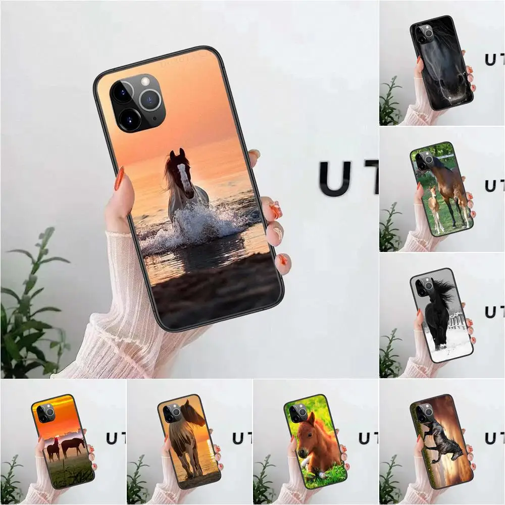 

For iPhone 13 12 11 Pro Max 8 6S 7 Plus XS XR Mini 5S SE 2022 7P 6P Black Horse Animal Awesome Mobile Phone Skin