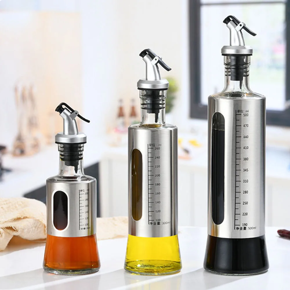 200/300/500ML Stainless Steel Oil Bottles Glass Oil Bottle Leak-proof Oil and Vinegar Dispenser Set with Spout Scale for BBQ