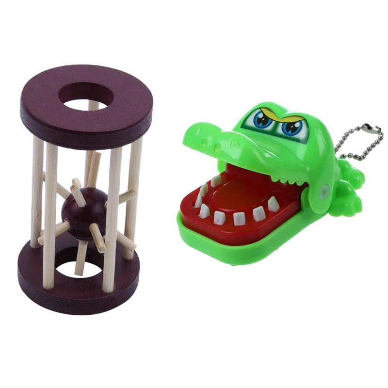 

1 Pcs New Toy Crocodile Dentist Bite With Keychain Green & 1 Pcs Wooden Tetrakaidecahedron Lock Logic Puzzle