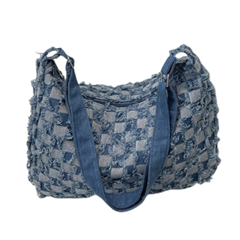 Практичная большая сумка через плечо женская джинсовая клетчатая потертая