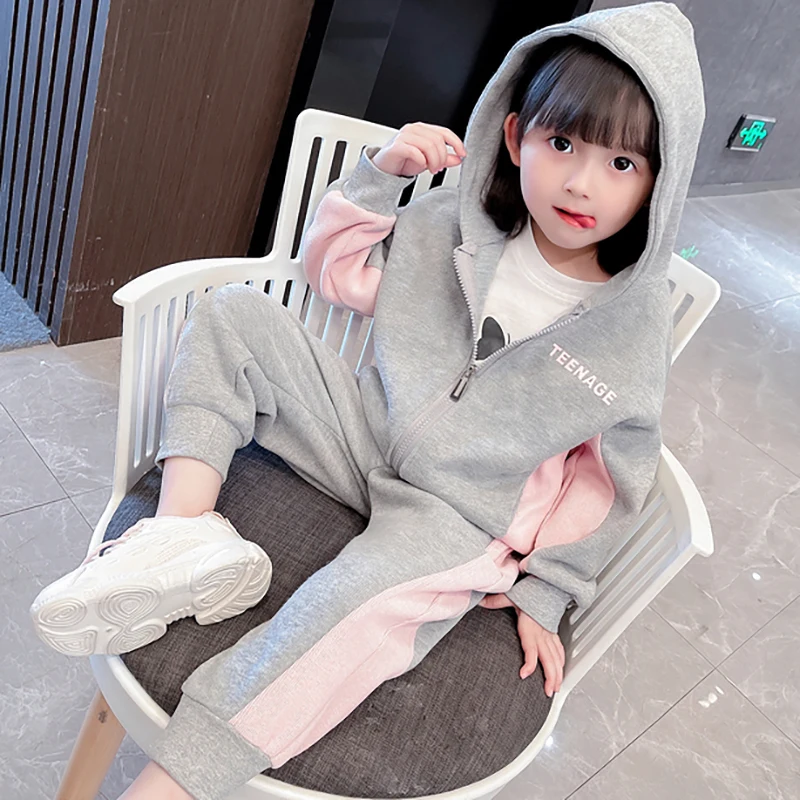 

Демисезонные комплекты для маленьких девочек, детская спортивная одежда для девочек, повседневная куртка на молнии с капюшоном и штаны, ком...