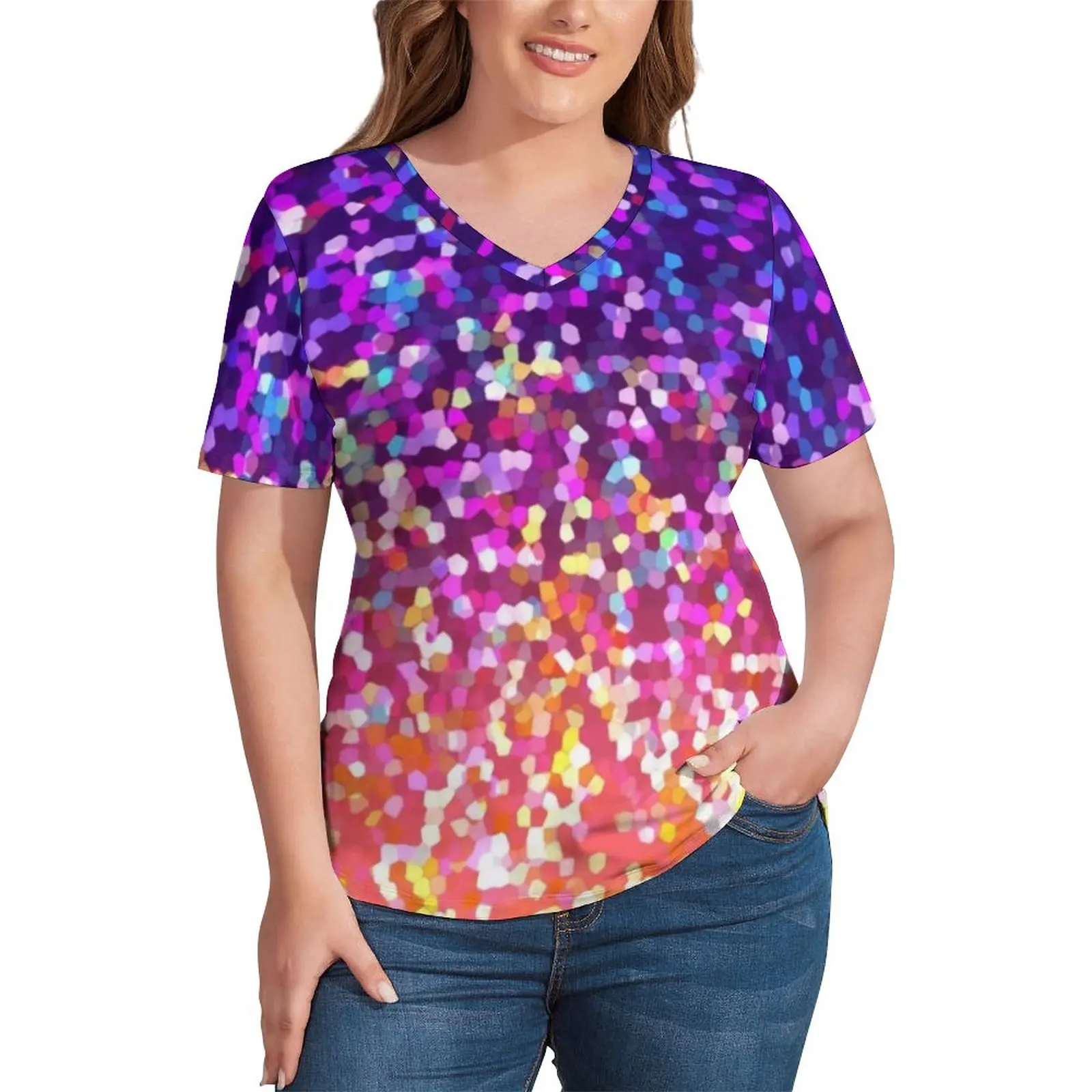 

Colorful Sequins Print T Shirts Glitter Graphic Simple V Neck T-Shirt Short Sleeve Cool Oversize Tees Summer Casual Clothes Gift