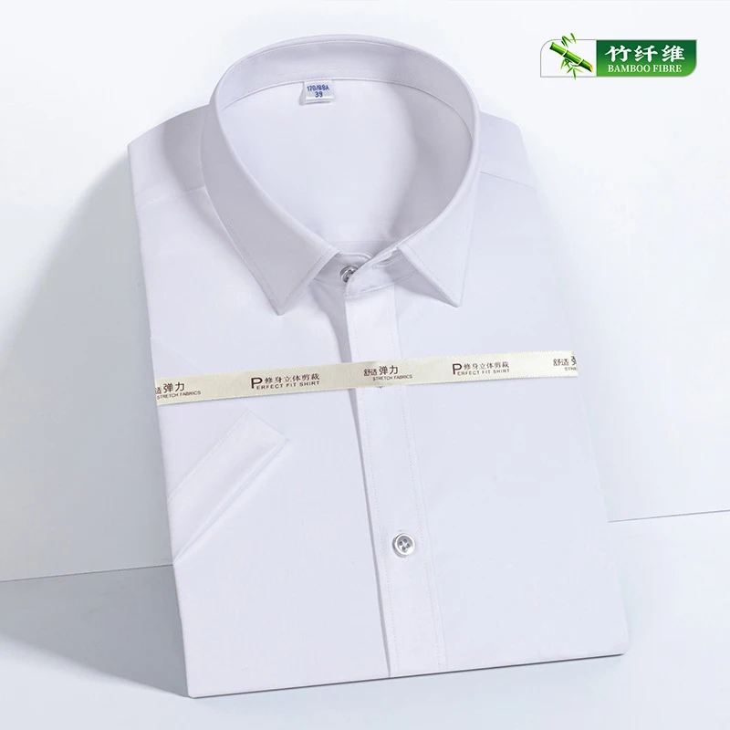 EUOW 2022 Fashion Fiber Elastic Men Suit Shirt Summer New Solid Color Short sleeved Tops Professional Wear Tooling White Shirts