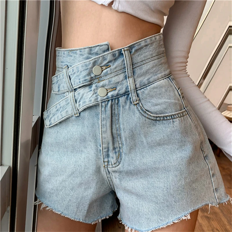 

2022 Spring Summer New Irregular Denim Shorts Women's Jeans High Waist Pocket Slim Fit Thin Chic Design Wide Leg A-line Pants