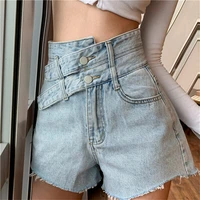 2022 spring summer new irregular denim shorts womens jeans high waist pocket slim fit thin chic design wide leg a line pants