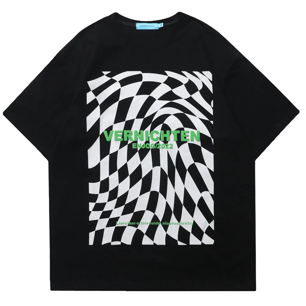 

T-shirt Men Letter Checked Print Cotton O-neck T Shirt Men's Clothing Short Sleeve Harajuku Casual Hip Hop Oversized T-shirt
