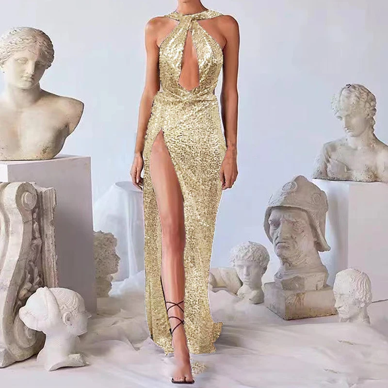 

New Sexy Strapless Hollow Out Maxi Ladies Dress Spring Glitter Sequin Shiny Evening Party Dress Women Backless Summer Long Dress