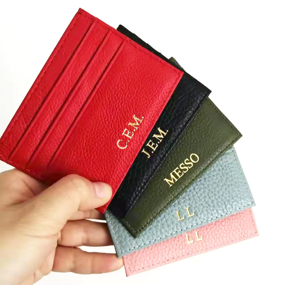 Custom 100% Genuine Leather Card Holder Party Anniversary Personalize Gift Women Men Mini Wallet Slim Credit Card Sleeve Purse images - 6