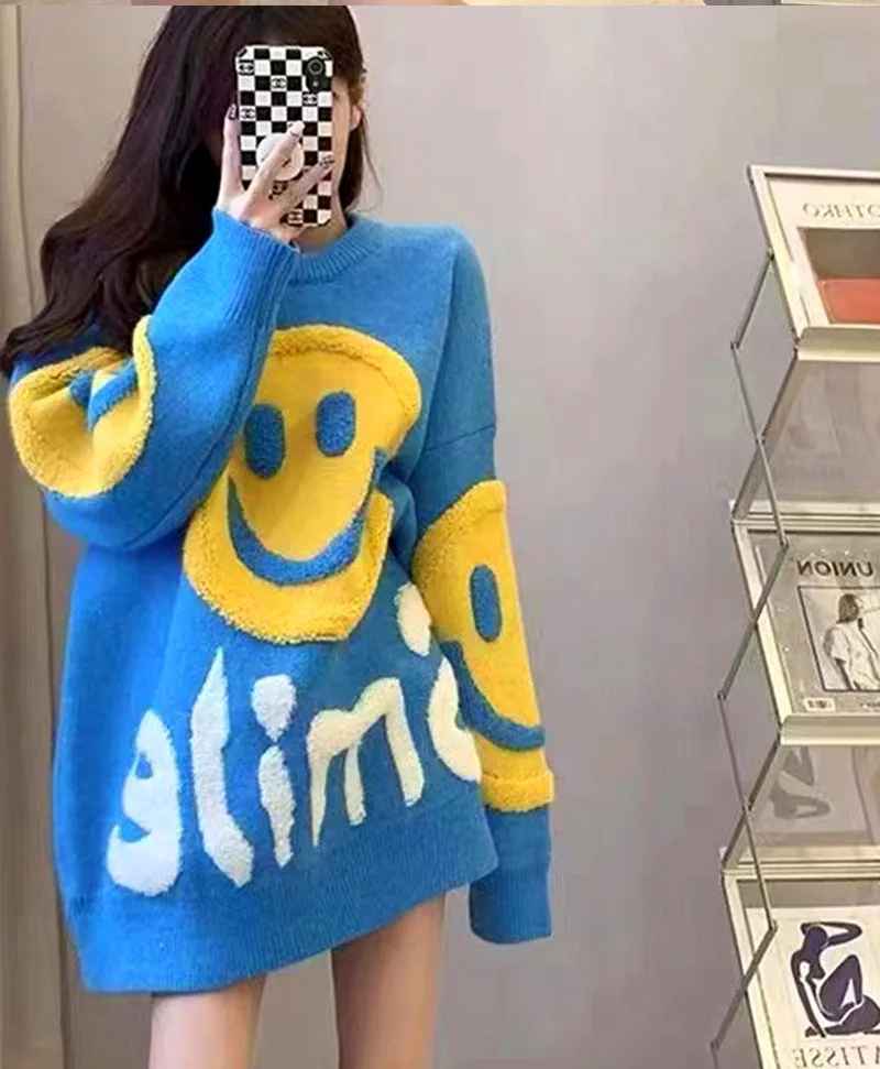 Ретро 3D свитер со смайликом для женщин свободный толстый вязаный трикотаж с