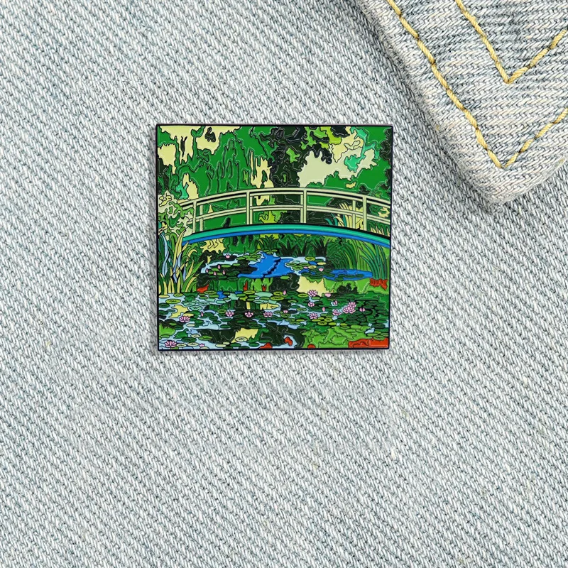 High Quality Monet Paintings Water Lilies and Nihonbashi Enamel Pin Metal Badge Landscape Oil Painting Brooch Fashion Jewelry