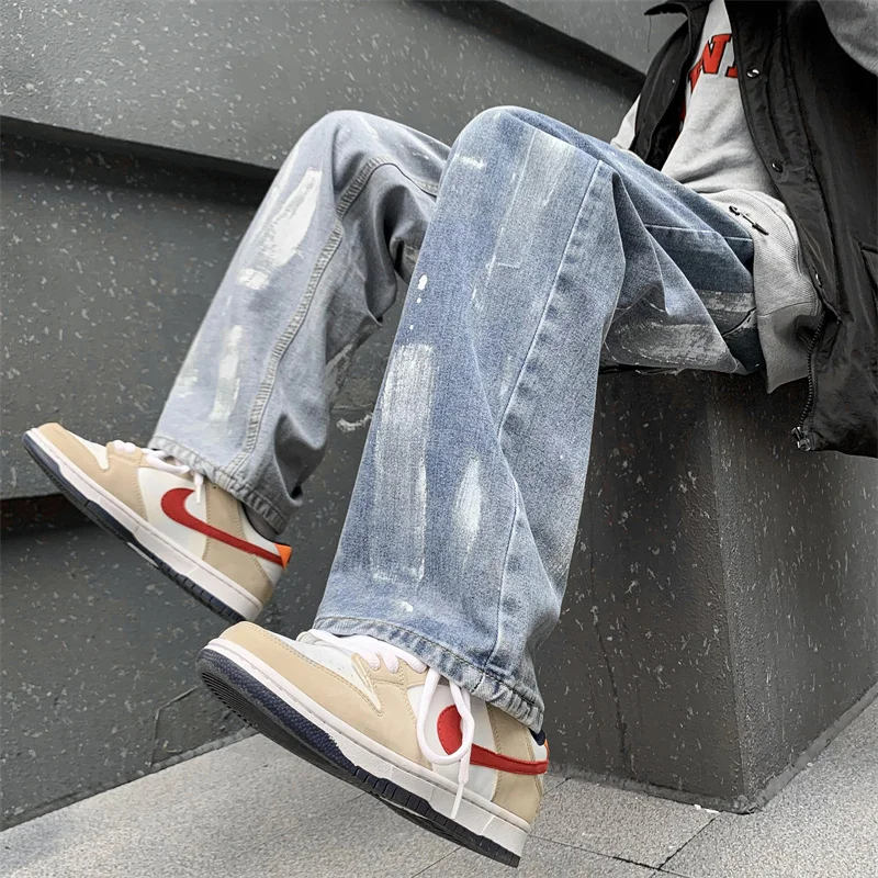 2023 Casual Baggy Jeans Mens Korean Streetwear Fashion Hip Hop Straight Wide Leg Trousers Blue Gray