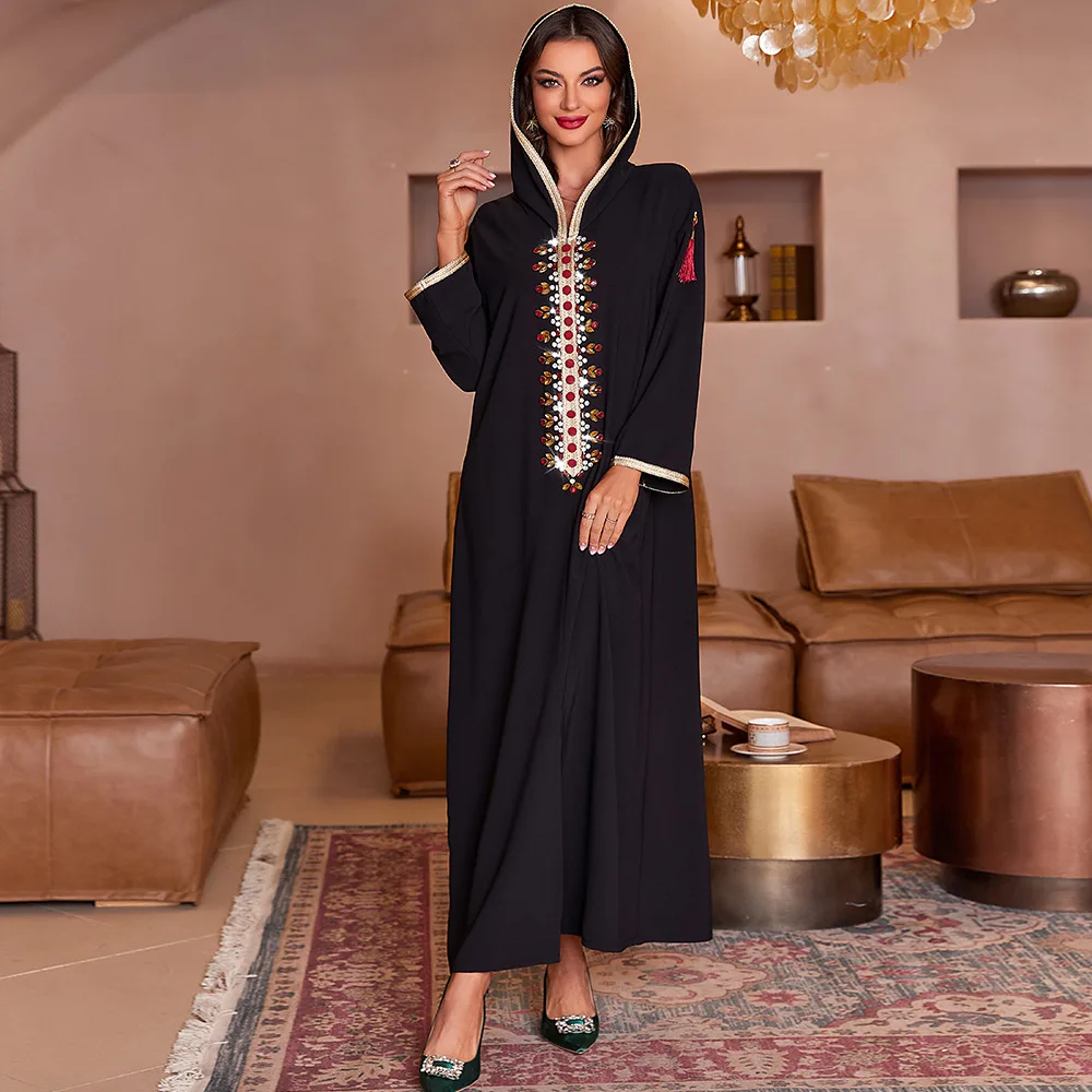 Черное мусульманское платье Wepbel с капюшоном, абайя, хиджад, женское Ручное шитье, строченное платье с золотой лентой, мусульманское среднев...
