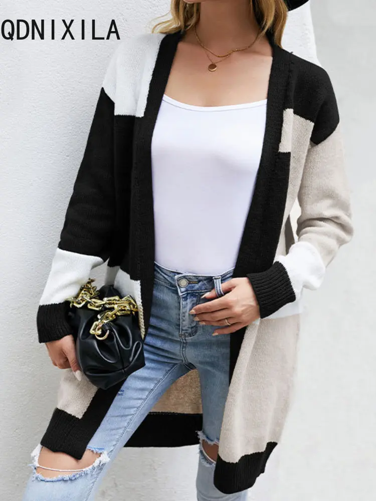 

Женский вязаный кардиган с длинным рукавом, элегантный свитер в черно-белую полоску, верхняя одежда свободного покроя на осень и зиму