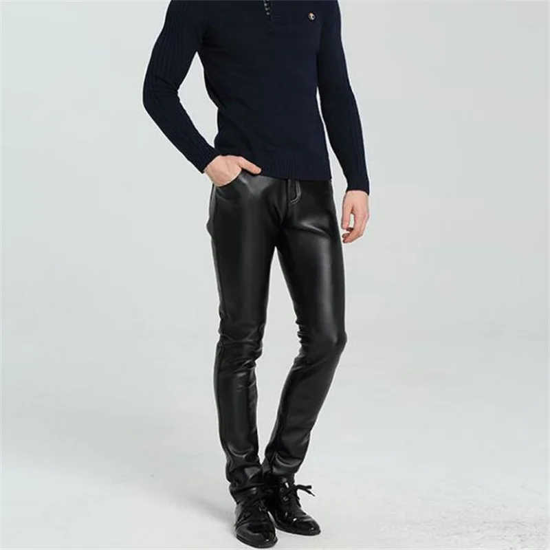 Straight high waist fashion motorcycle leather pants men faux leather trousers high quality black thermal  velvet thicken