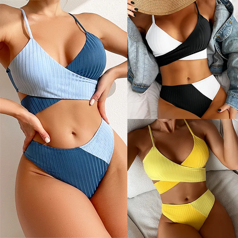 

2022 New Swimsuit Solid Color Swimsuit Thick Pit Strip Cross Straps Swimsuit High Waist Bikini Sexy Swimsuit