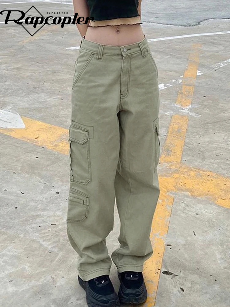 

Rapcopter y2k Green Cargo Jeans Big Pockets Low Waisted Trousers Harajuku Casual Basic Sweatpants Women Retro Sporty Joggers 90s