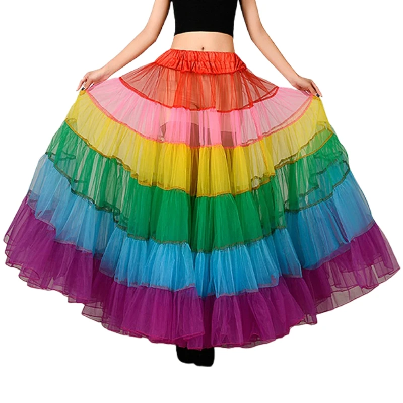 

Women Multicolored Rainbow A-Line Maxi Tutu Skirt Pleated Ruffle Floor Length Petticoat Hoopless Wedding Bridal Mesh Flared