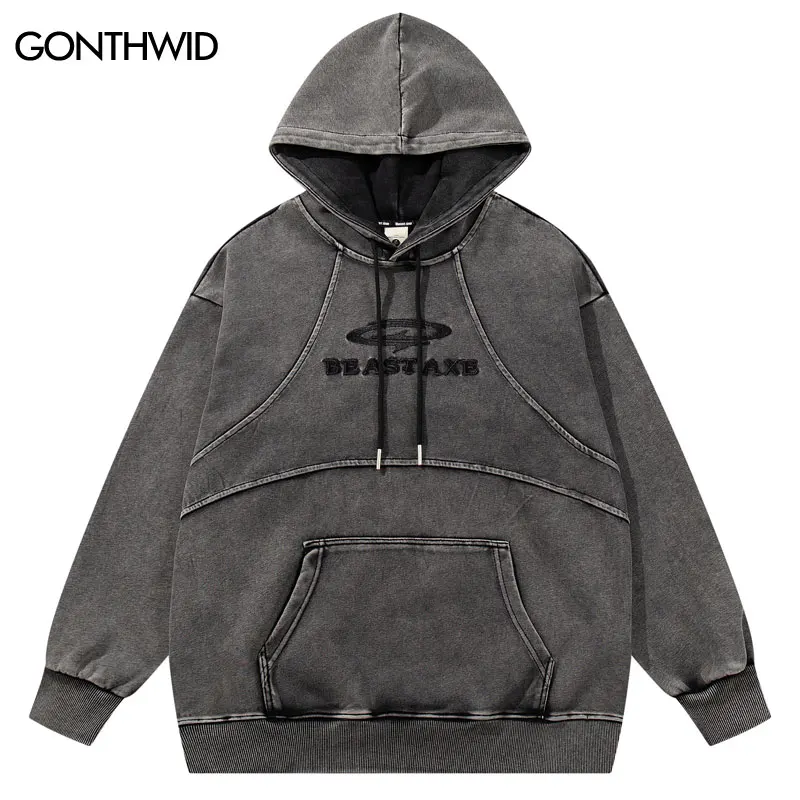 Мужская винтажная толстовка с капюшоном и вышивкой в стиле хип-хоп