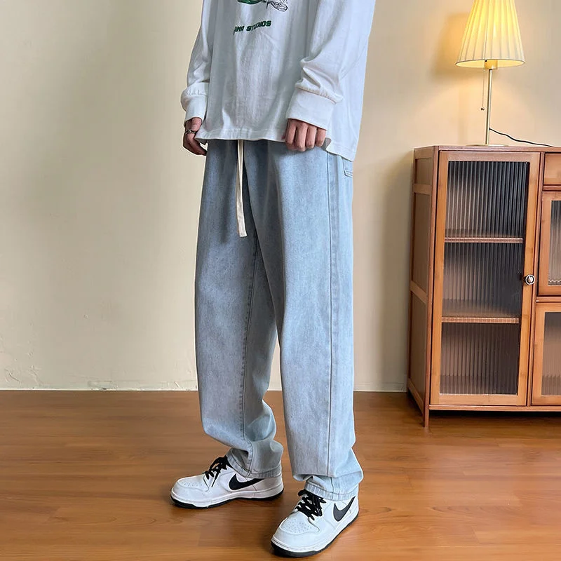Blue Grey Baggy Jeans Men Fashion Drawstring Casual Wide Leg Jeans Mens Streetwear Hip Hop Loose Straight Denim Trousers Men