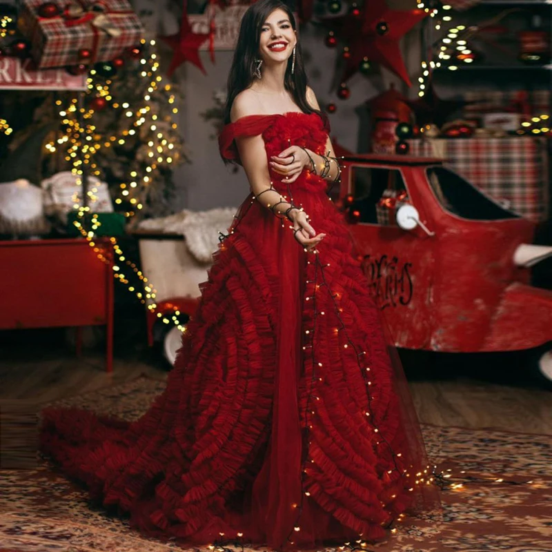 

Off Shoulder Red Tulle Ball Gown A-line Ruffled Woman Clothes Custom Made Fluffy Lace Up Back Wedding Dress With Train Customize