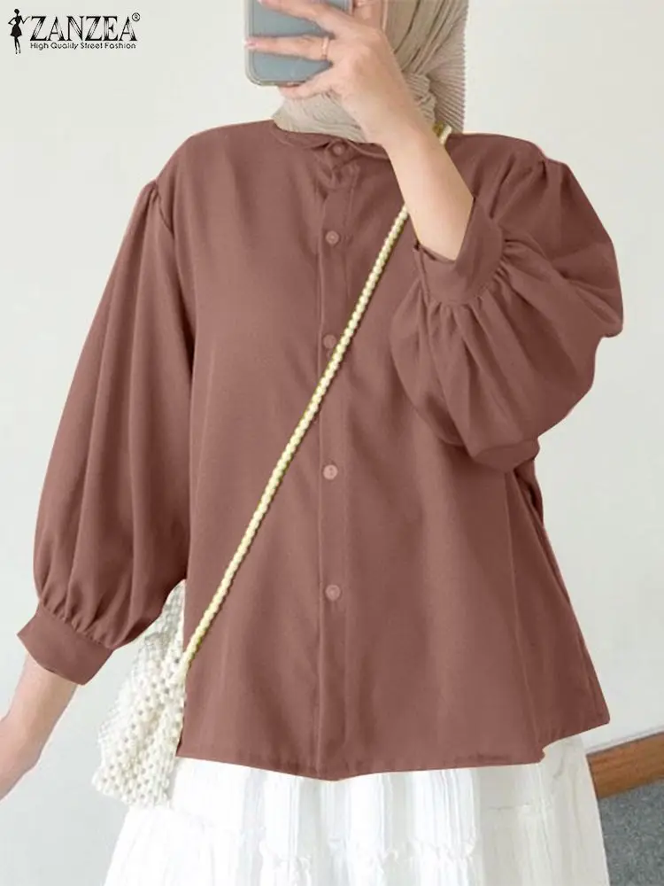 

Женский модный турецкий хиджаб ZANZEA, мусульманская блузка, осенняя рубашка с круглым вырезом и длинным рукавом, повседневные блузки, винтажные Топы Eid Mubarek