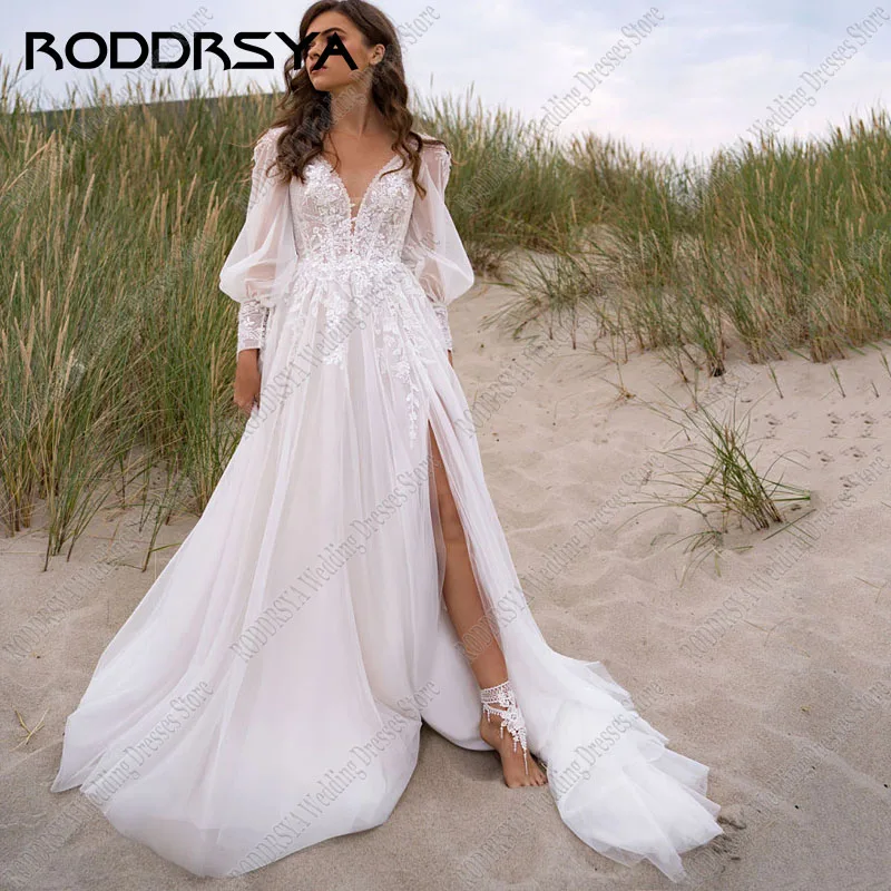 

RODDRSYA Elegant V Neck Puff Sleeve Wedding Dress Sexy Back Appliques Bridal Gowns 2023 Romantic Tulle A-Line Robe De Mariée