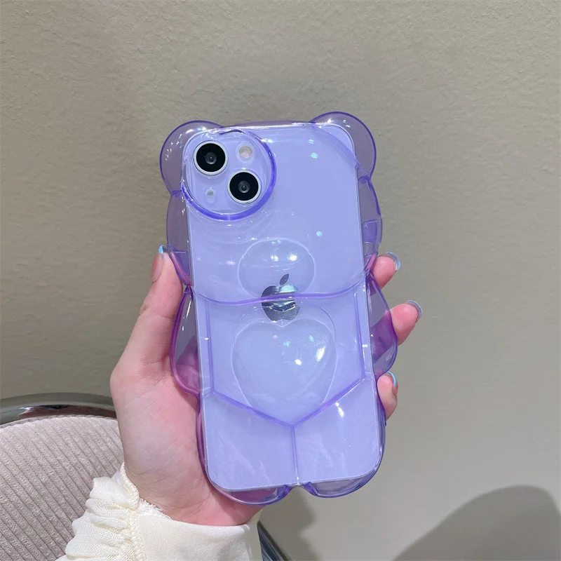 INS Japan Cute 3D Love Heart Bear Transparent Phone Case For iPhone 14 13 Pro Max 12 11 X XR XS Silicone Soft Protective Cover