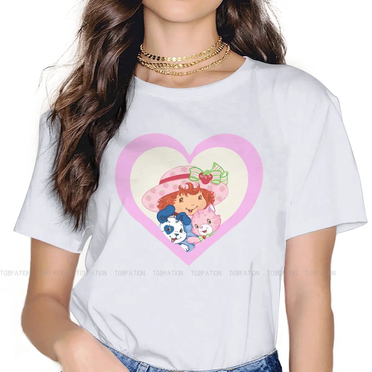Camiseta con diseño de pastel de fresas para niña, Tops para mujer, Harajuku Kawaii, camiseta de gran tamaño 4XL para mujer