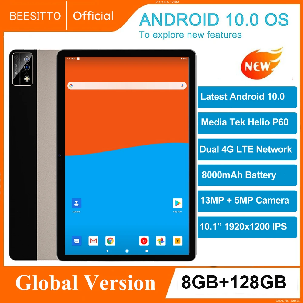 2022 New Android 10.0 OS 10 Inch Tablet PC 8GB RAM 128GB ROM Octa Core 1920*1200 HD IPS Screen Phone Call GPS 10.1 Tablet