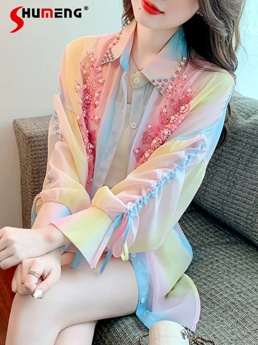 2022 Summer New Ladies Beaded Embroidery Rainbow Mid-length Shirts Women's Loose Thin Drawstring Long Sleeve Sun Protection Tops